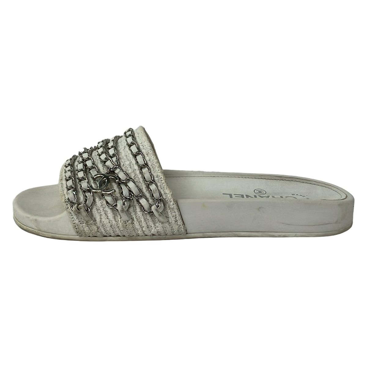 Chanel Sandals 39 White Silver Chain Cotton Leather