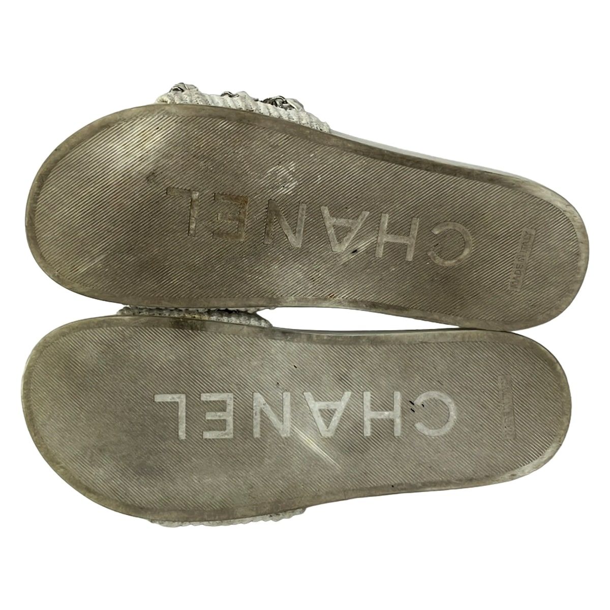 Chanel Sandals 39 White Silver Chain Cotton Leather — view 4