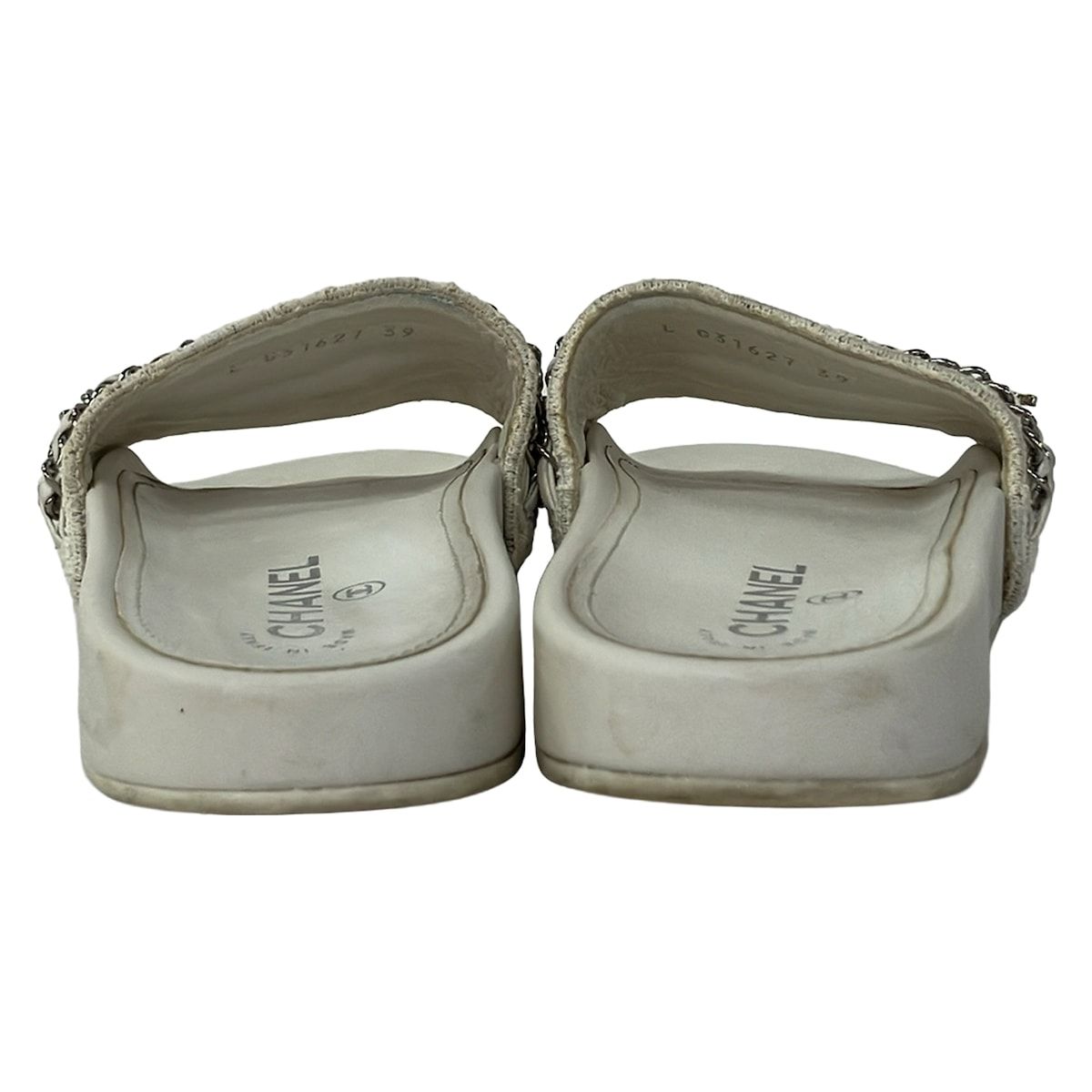 Chanel Sandals 39 White Silver Chain Cotton Leather — view 3