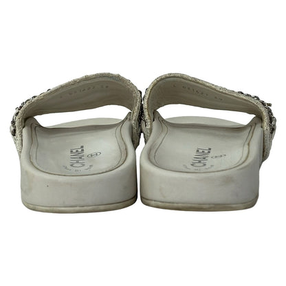 Chanel Sandals 39 White Silver Chain Cotton Leather — view 3