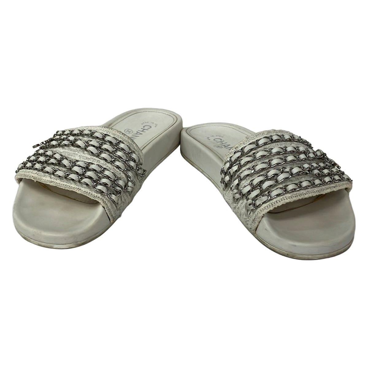 Chanel Sandals 39 White Silver Chain Cotton Leather — view 2