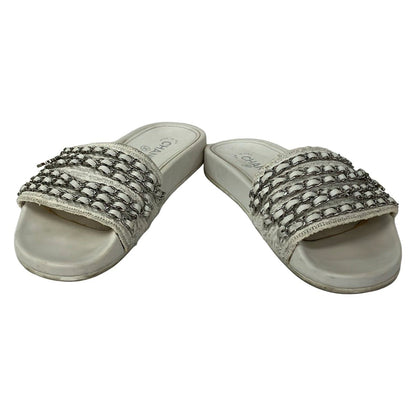 Chanel Sandals 39 White Silver Chain Cotton Leather — view 2