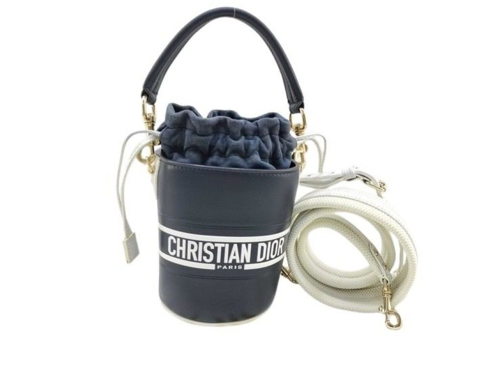 Dior Bucket Vibe Shoulder Bag Navy White Leather Gold
