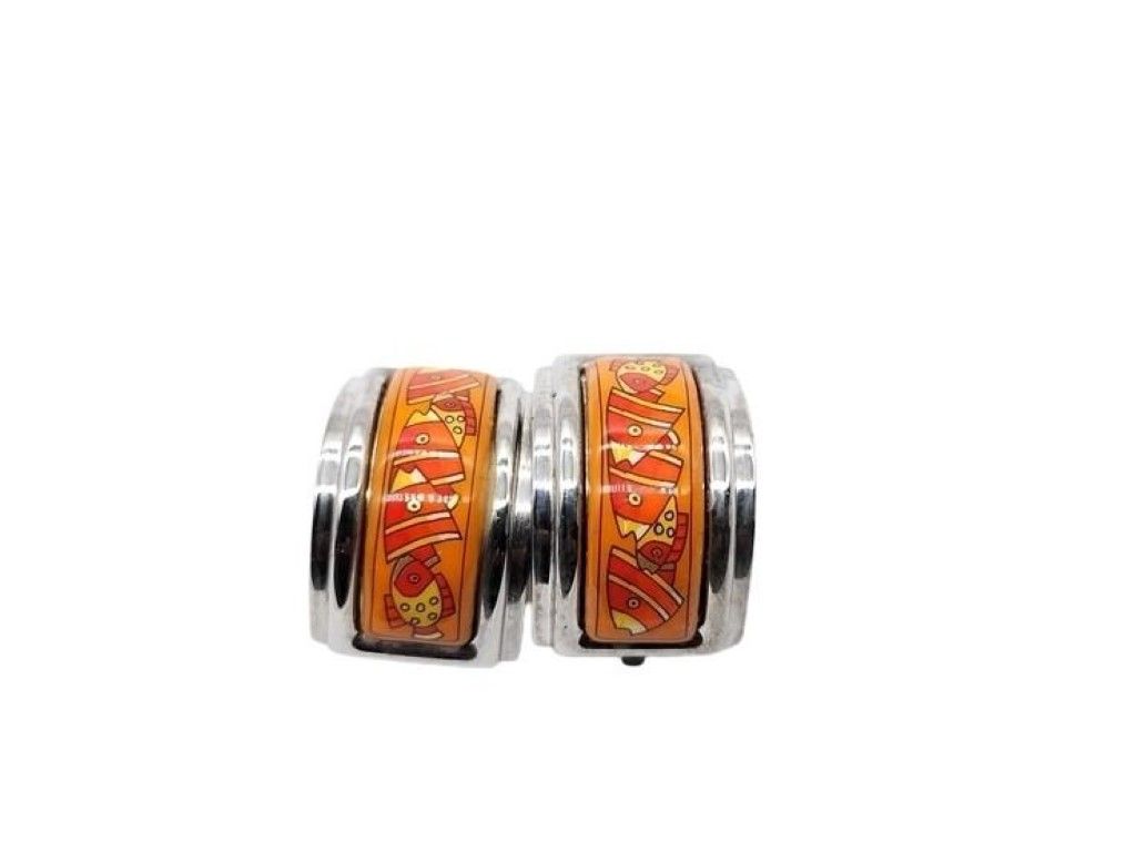 Hermes Earrings Enamel Orange Silver Metal Cloisonne
