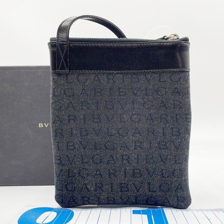Bvlgari Shoulder Bag Logo Mania Black Blue Leather Denim Silver — view 2
