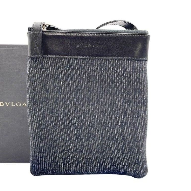 Bvlgari Shoulder Bag Logo Mania Black Blue Leather Denim Silver