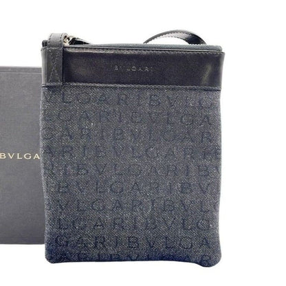 Bvlgari Shoulder Bag Logo Mania Black Blue Leather Denim Silver