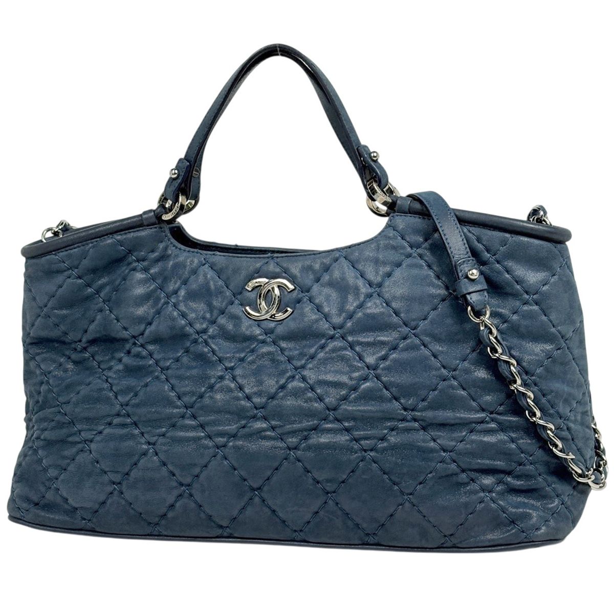 Chanel Wild Stitch Tote 2-Way Shoulder Bag CC Logo Leather Blue