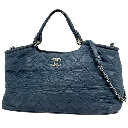 Chanel Wild Stitch Tote 2-Way Shoulder Bag CC Logo Leather Blue