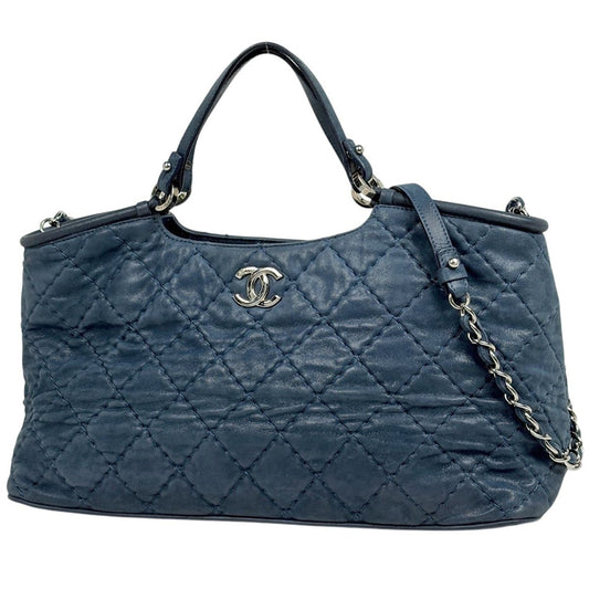 Chanel Wild Stitch Tote 2-Way Shoulder Bag CC Logo Leather Blue