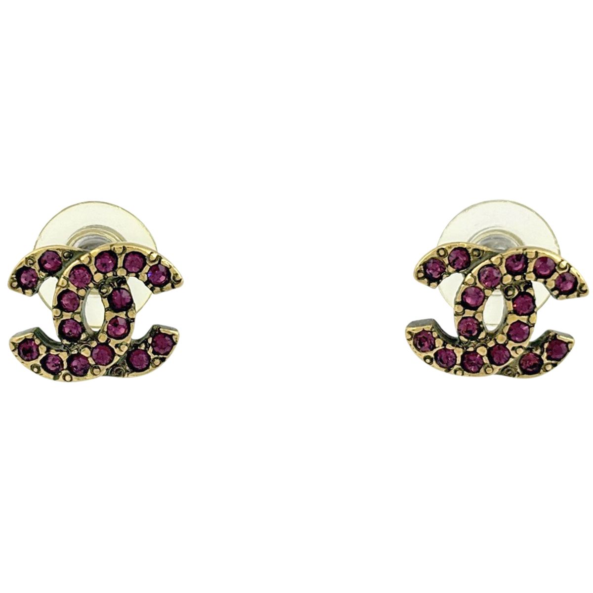 Chanel CC Logo Line Stone Earrings Pink