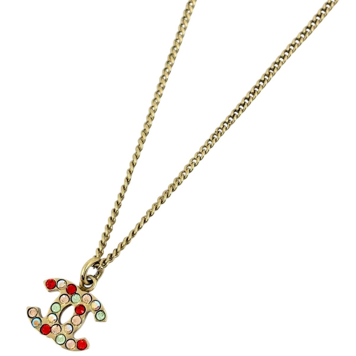 Chanel CC Logo Line Stone Necklace Gold Plated Red