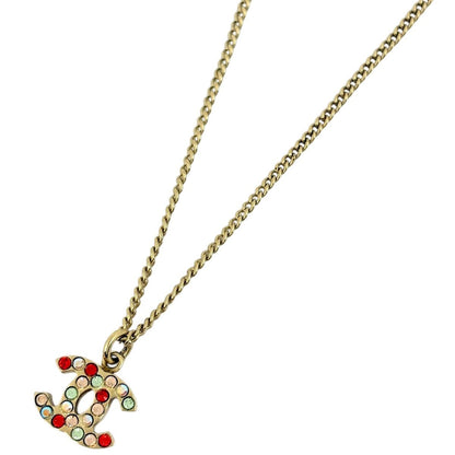 Chanel CC Logo Line Stone Necklace Gold Plated Red