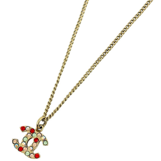 Chanel CC Logo Line Stone Necklace Gold Plated Red