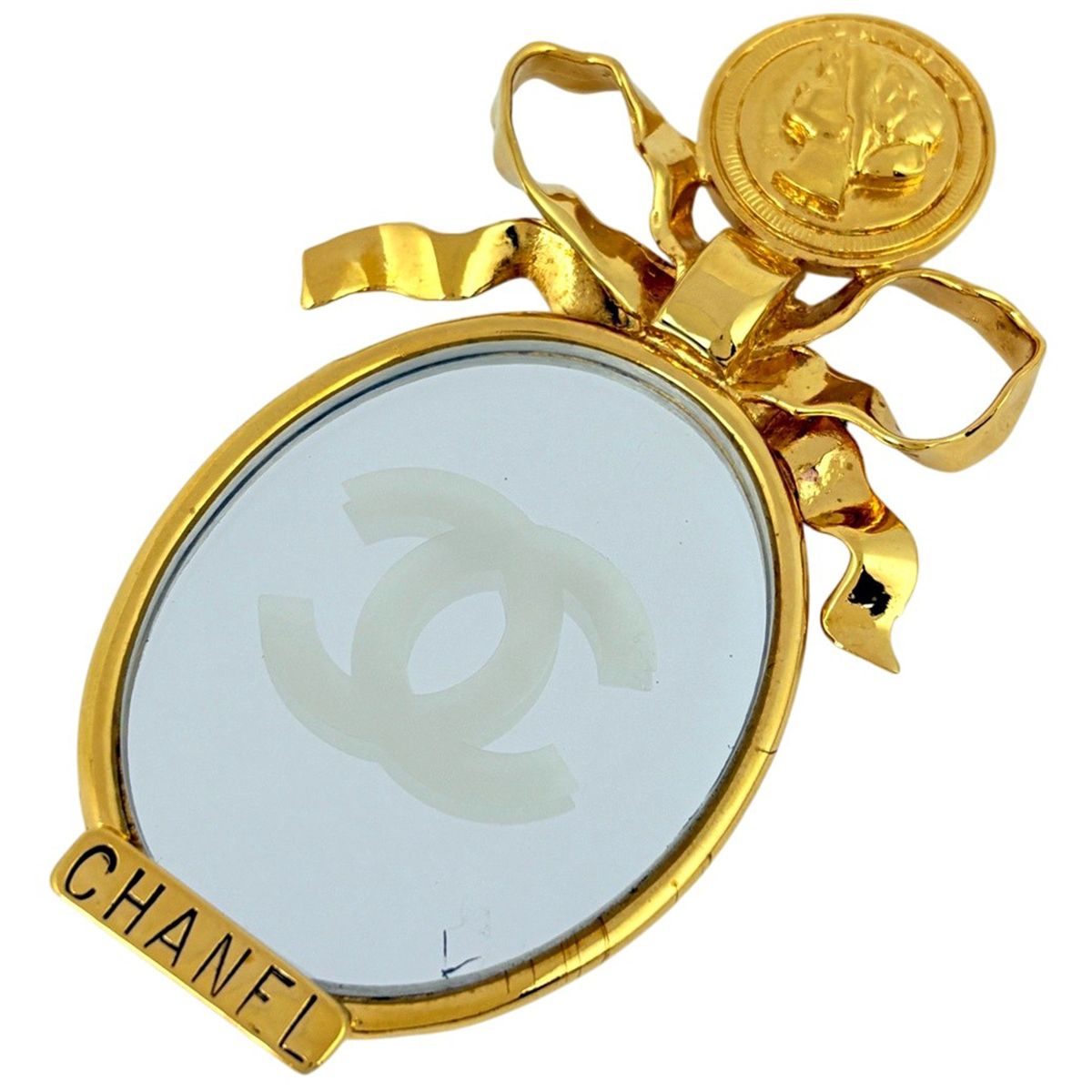 Chanel CC Logo Mirror Brooch Ribbon Gold Plated
