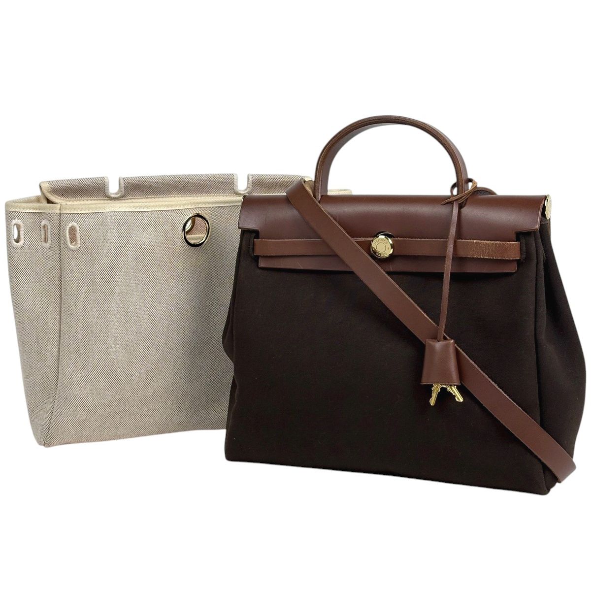 Hermes Herbag PM 2-Way Handbag Toile Officier Brown Natural