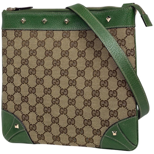 Gucci GG Pattern Shoulder Bag Studs Canvas Beige Green