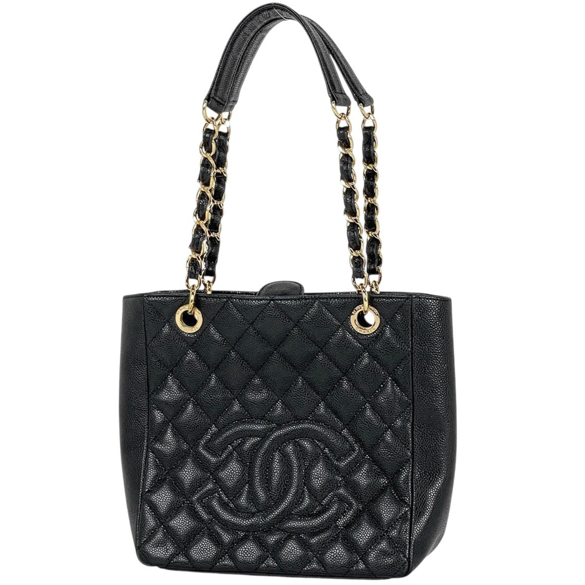 Chanel CC Logo Chain Tote Quilted Caviar Leather Black