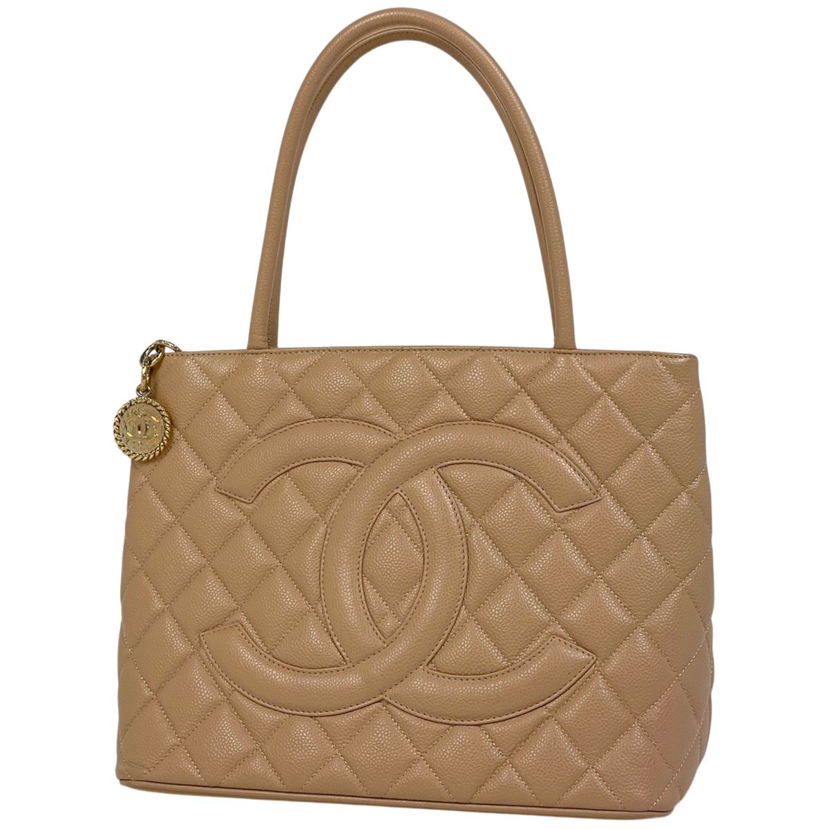 Chanel Medallion Tote Handbag CC Logo Caviar Leather Beige