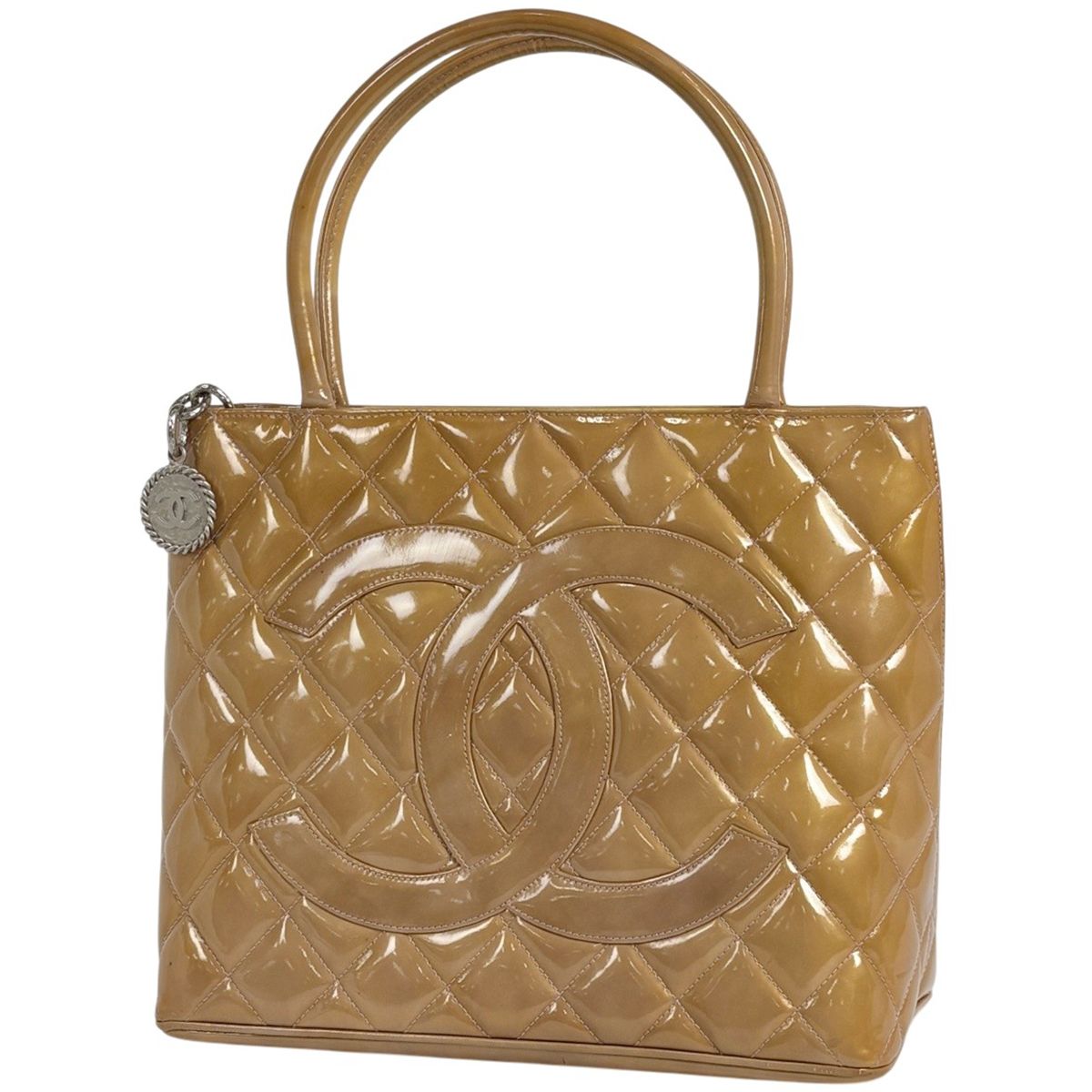 Chanel Medallion Tote Handbag CC Logo Patent Leather Brown Purple