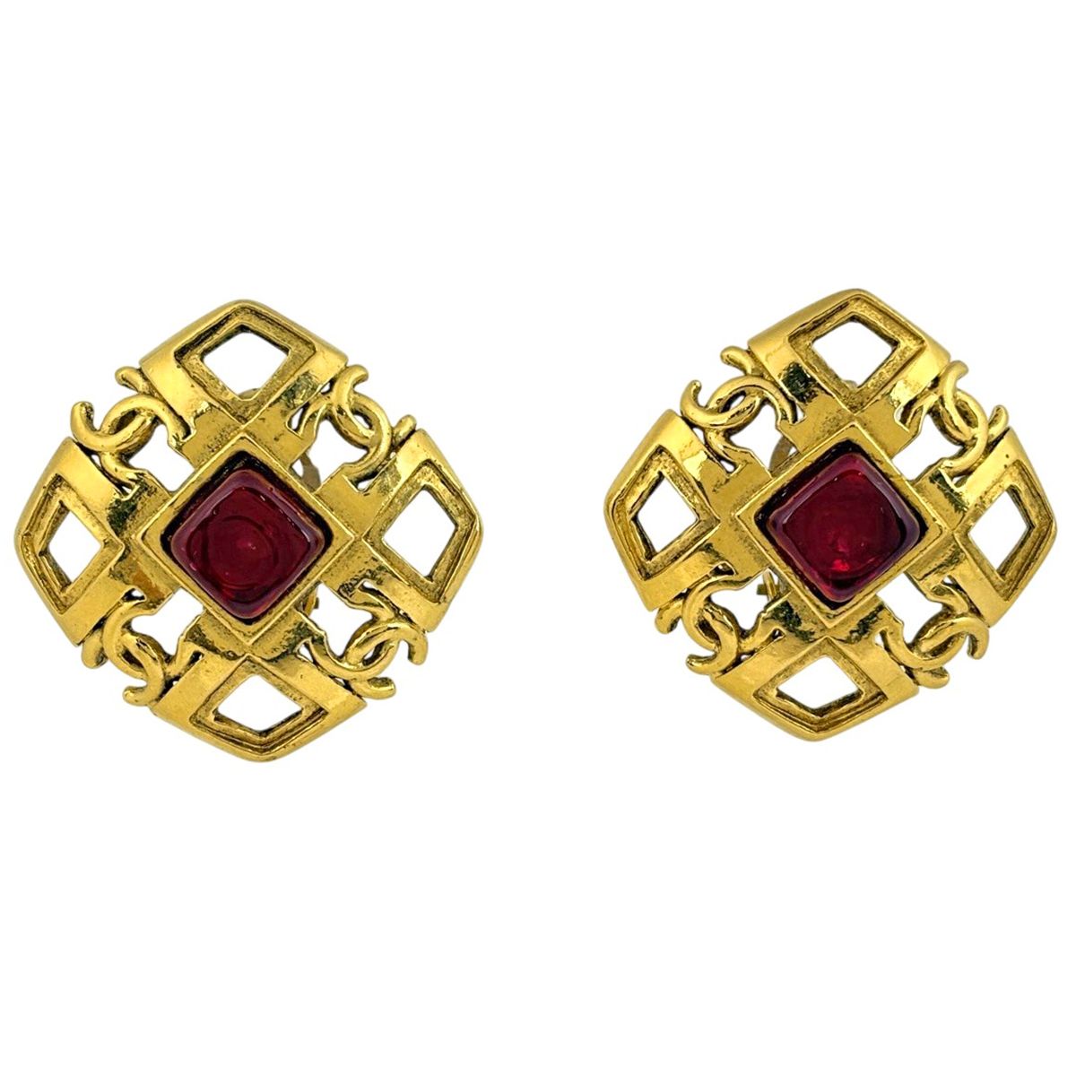 Chanel CC Logo Earrings Gripoix Gold Plated Red