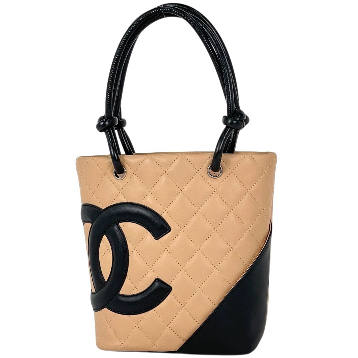 Chanel Cambon Line Small Tote CC Logo Handbag Leather Beige Black