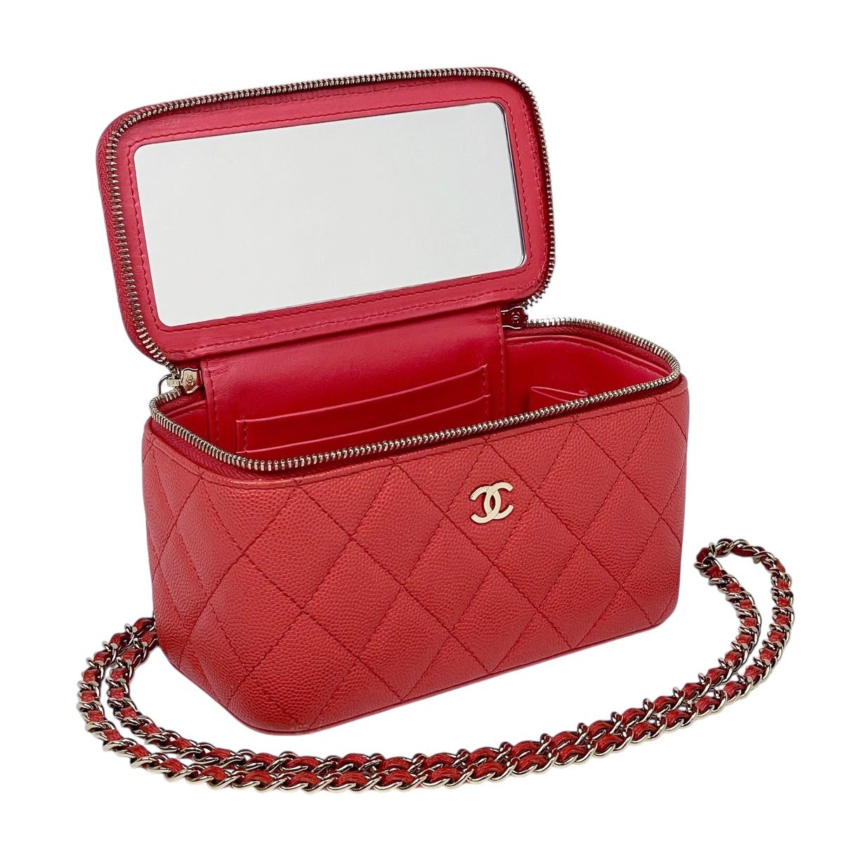 Chanel CC Logo Chain Shoulder Bag Vanity Caviar Leather Red — view 8