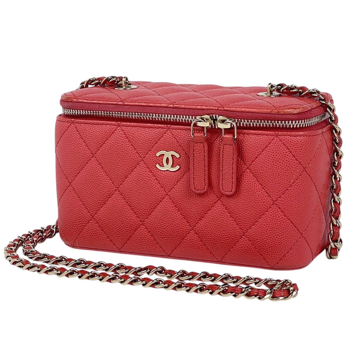 Chanel CC Logo Chain Shoulder Bag Vanity Caviar Leather Red