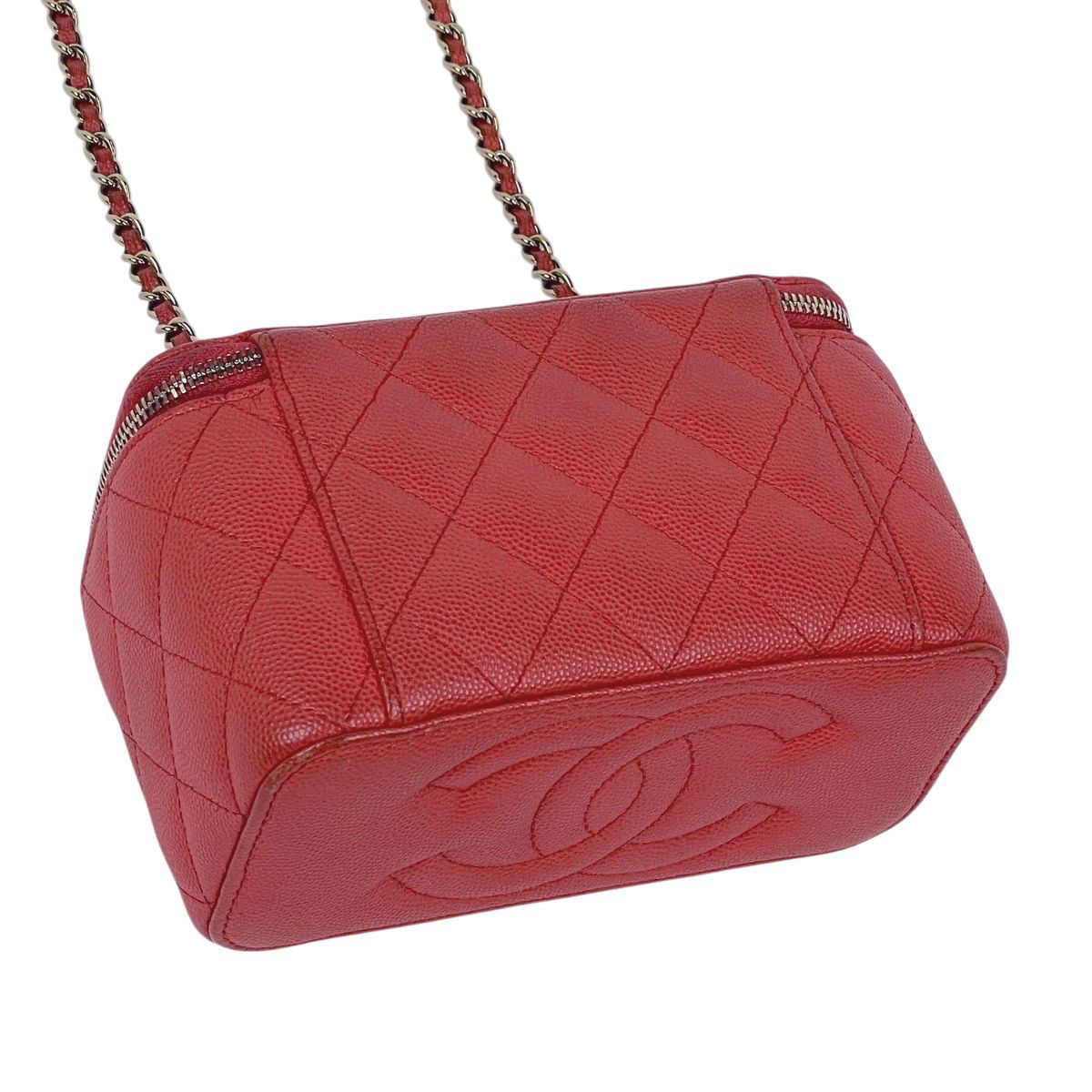 Chanel CC Logo Chain Shoulder Bag Vanity Caviar Leather Red — view 2