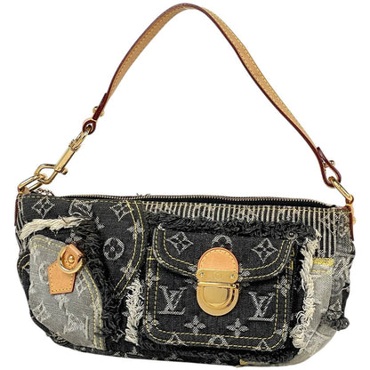 Louis Vuitton Pouch Monogram Denim Patchwork Shoulder Bag Black Gray