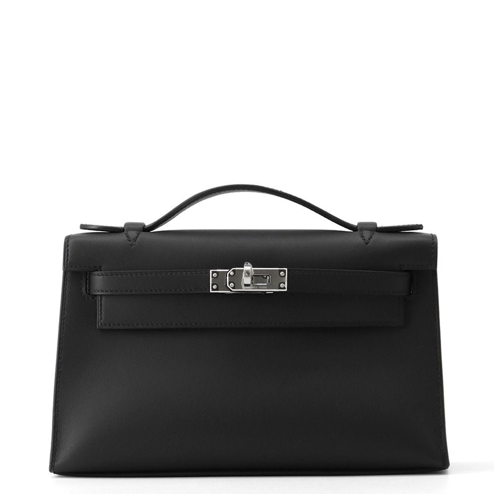 Hermes Handbag Pochette Kelly Black Silver Swift