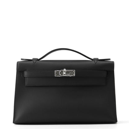Hermes Handbag Pochette Kelly Black Silver Swift