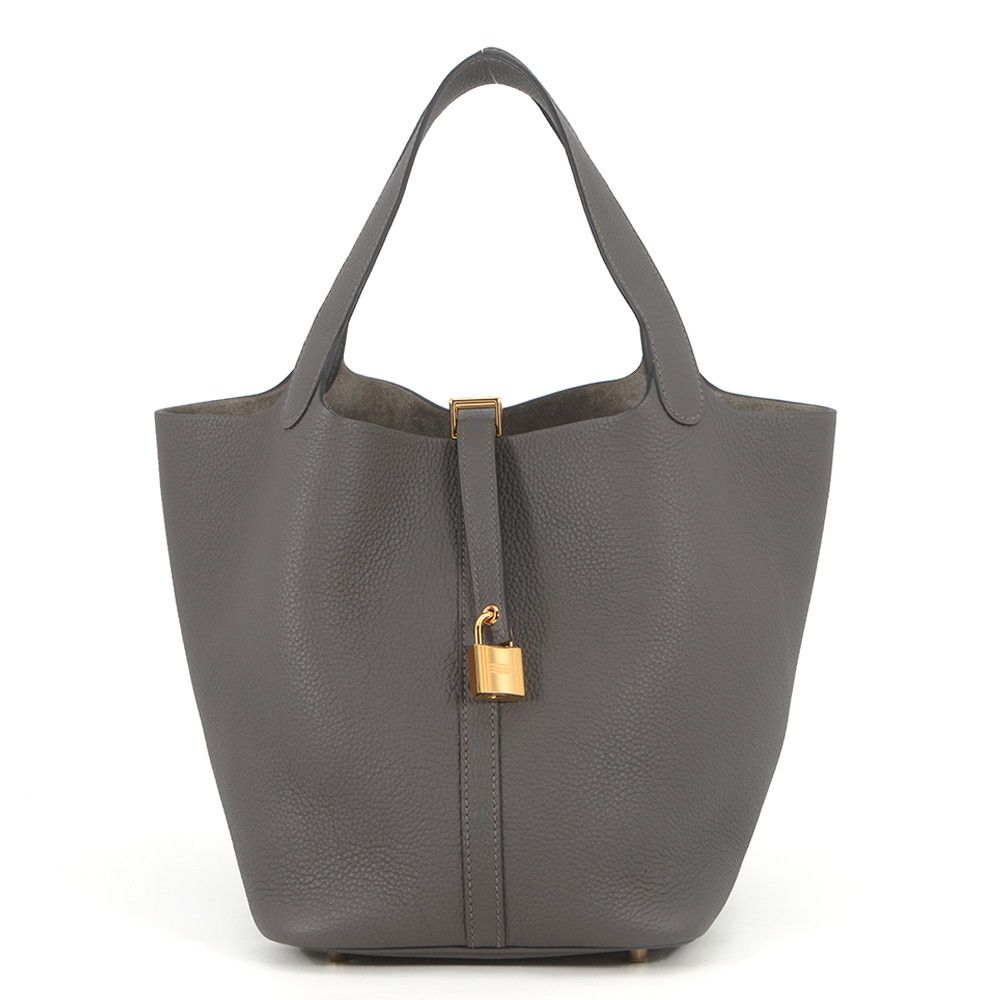 Hermes Handbag Picotin Lock MM Graphite Gold Taurillon Morris Tote