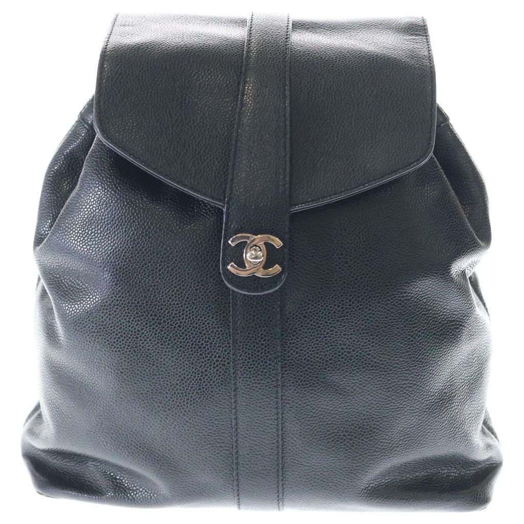 Chanel CC Logo Turnlock Backpack Black Caviar Leather Silver