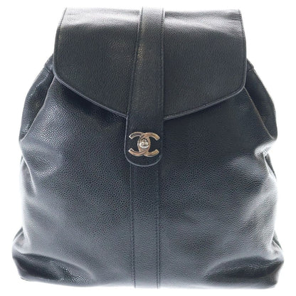 Chanel CC Logo Turnlock Backpack Black Caviar Leather Silver