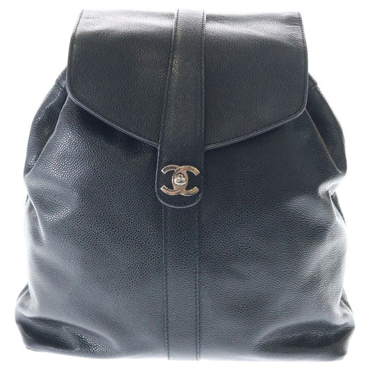 Chanel CC Logo Turnlock Backpack Black Caviar Leather Silver