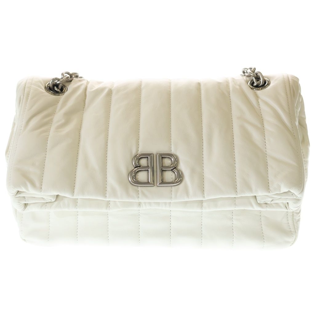 Balenciaga Monaco M Chain Shoulder Bag White Leather Silver