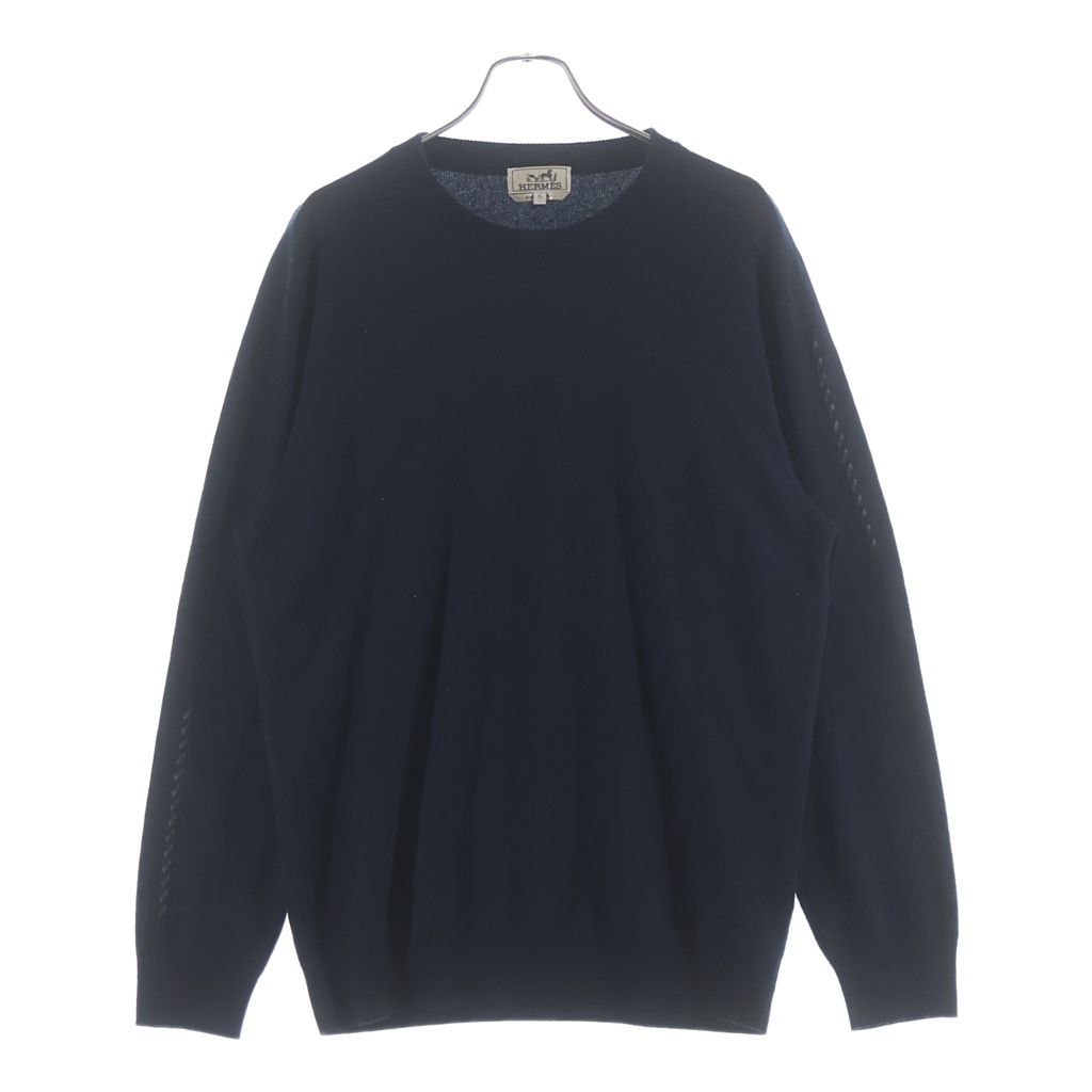 Hermes Leather Stitch Wool Sweater Sleeve Crew Neck Knit Navy