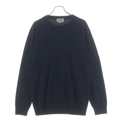 Hermes Leather Stitch Wool Sweater Sleeve Crew Neck Knit Navy