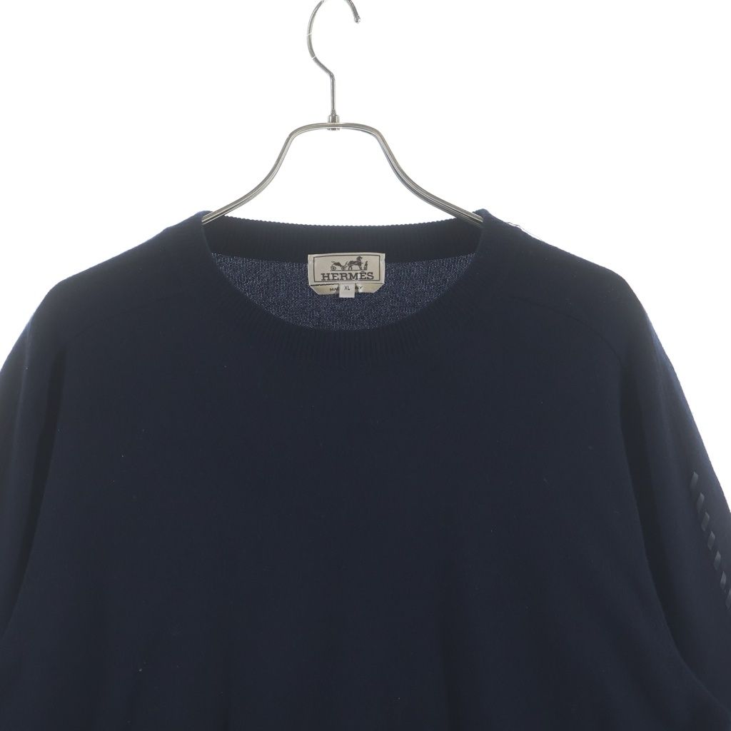 Hermes Leather Stitch Wool Sweater Sleeve Crew Neck Knit Navy — view 3