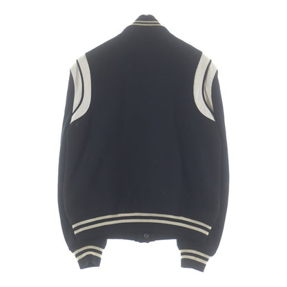 Saint Laurent Paris Teddy Jacket Leather Trim Wool Stadium Jumper Black — view 2