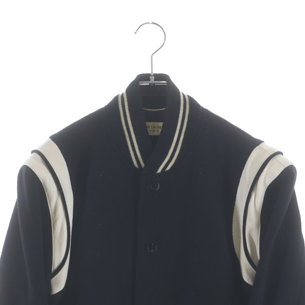Saint Laurent Paris Teddy Jacket Leather Trim Wool Stadium Jumper Black — view 3