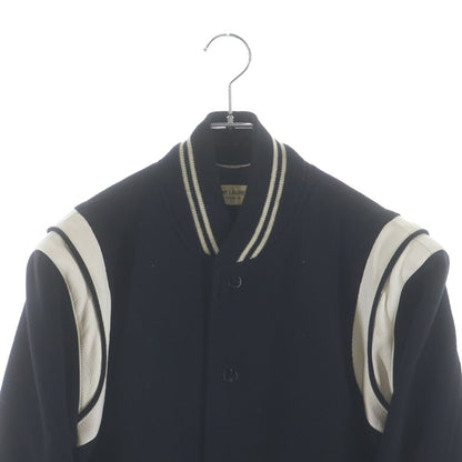 Saint Laurent Paris Teddy Jacket Leather Trim Wool Stadium Jumper Black — view 3