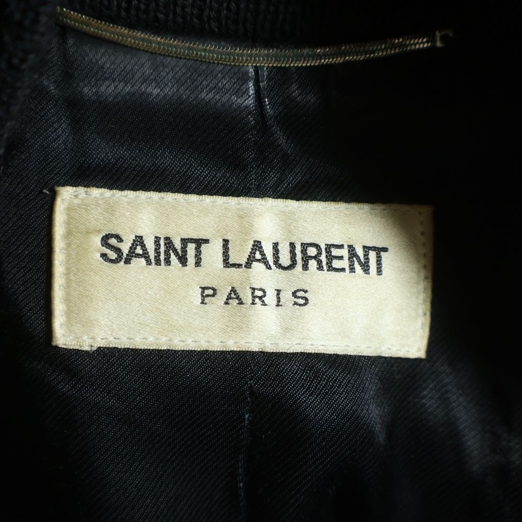 Saint Laurent Paris Teddy Jacket Leather Trim Wool Stadium Jumper Black — view 6