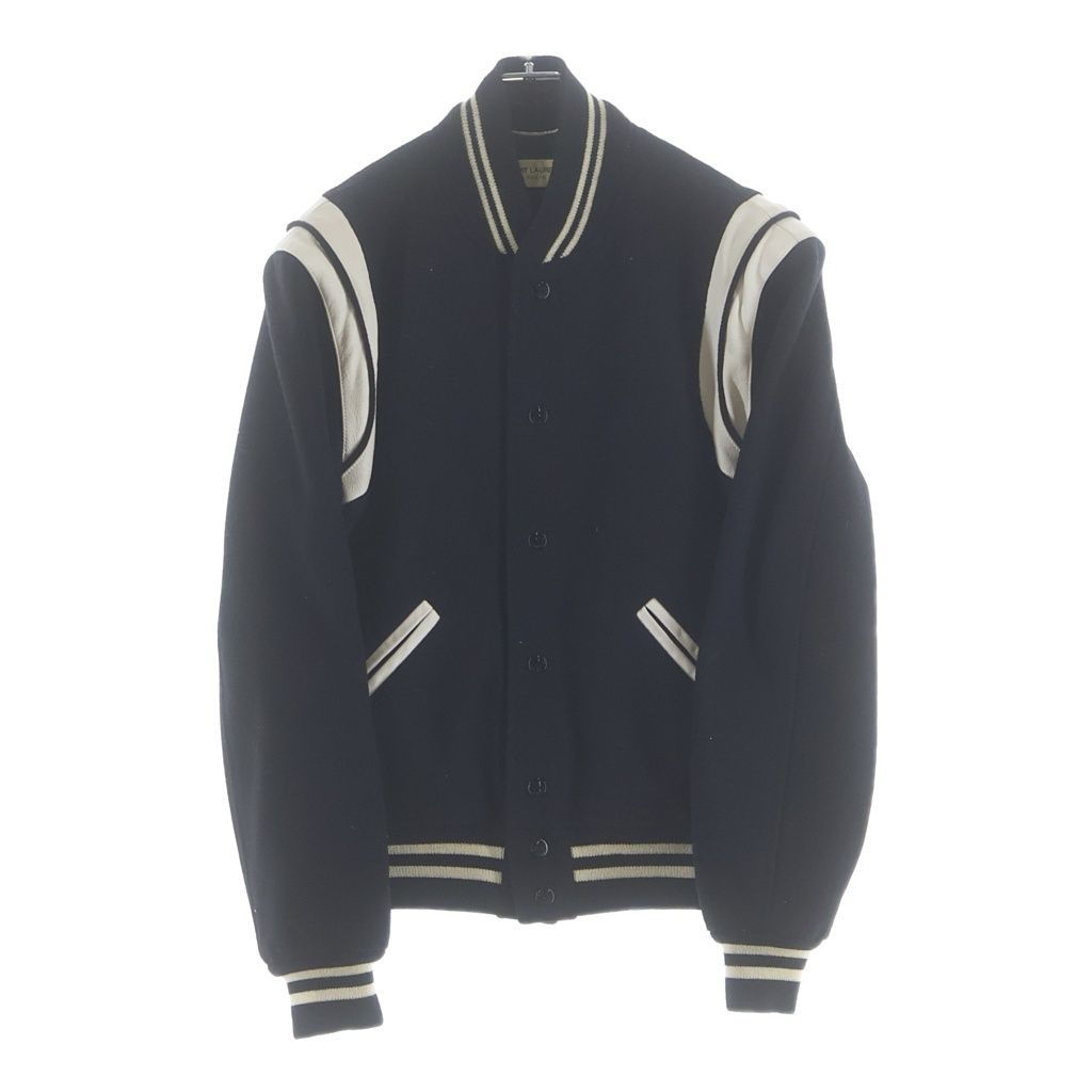 Saint Laurent Paris Teddy Jacket Leather Trim Wool Stadium Jumper Black