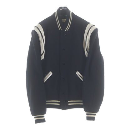 Saint Laurent Paris Teddy Jacket Leather Trim Wool Stadium Jumper Black