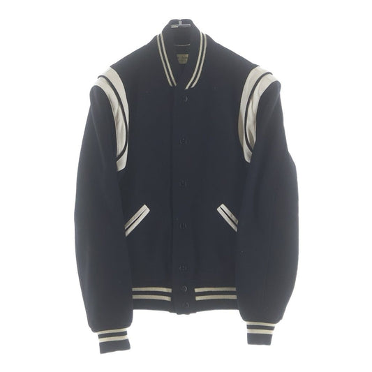 Saint Laurent Paris Teddy Jacket Leather Trim Wool Stadium Jumper Black