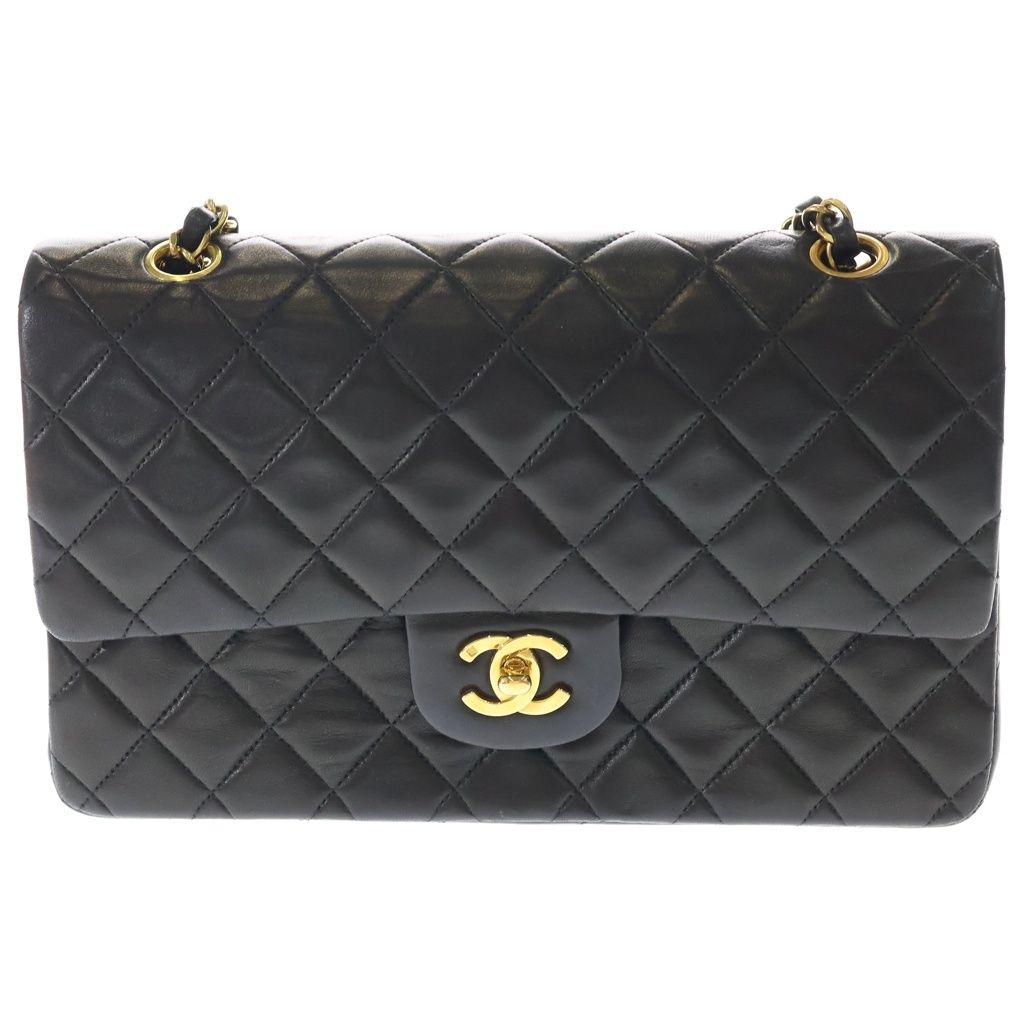 Chanel Quilted 25 Lambskin Leather Double Flap Chain Shoulder Bag Gold Black