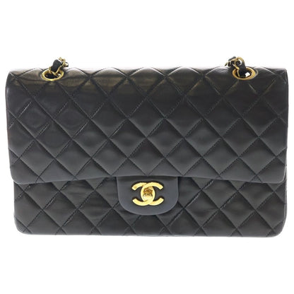 Chanel Quilted 25 Lambskin Leather Double Flap Chain Shoulder Bag Gold Black