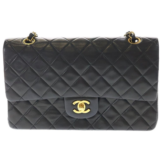 Chanel Quilted 25 Lambskin Leather Double Flap Chain Shoulder Bag Gold Black